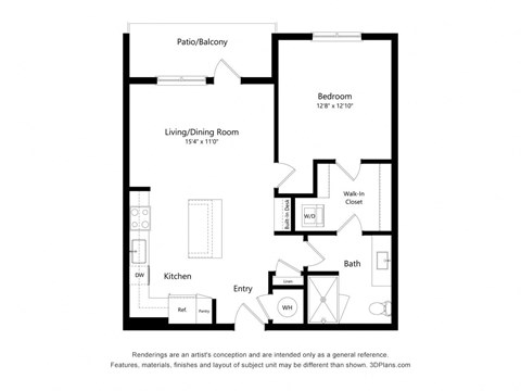 Floor plan for 1 bed, 1 bath, 771 sqft